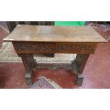 Unusual antique carved oak desk with marquetry ballerinas to sides