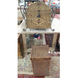 Metal and wicker log basket together with a small wicker laundry basket