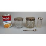 Collection of hallmarked silver topped glass together with spoon