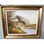 Oil on canvas - Fishing scene by Les Parson - Approx IS: 39cm x 49cm