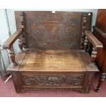 Antique carved oak monks bench - Approx W: 106cm D: 52cm H: 100cm