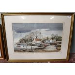 Watercolour - Fishing village scene by Len Hubbard - Approx IS: 34cm x 55cm