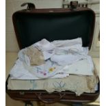 Suitcase containing lace and linen to include embroidered pieces