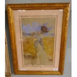 Watercolour - Girl standing in field of corn by Michael Lawrence Cadman - Approx IS: 40cm x 25cm