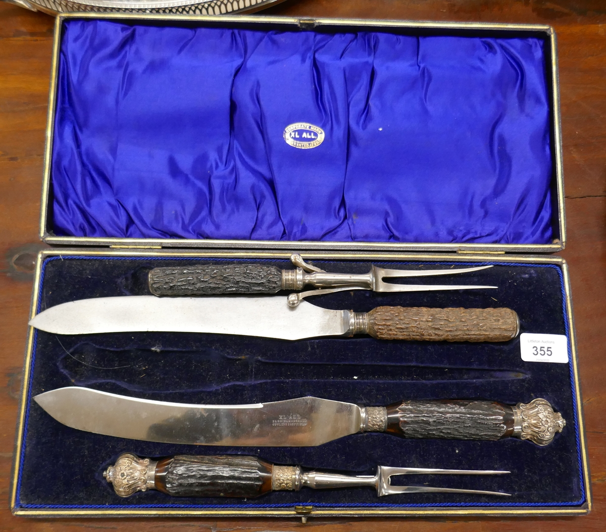 2 vintage antler carving sets 1 Parkin and Marshall and the other John Derby & Sons