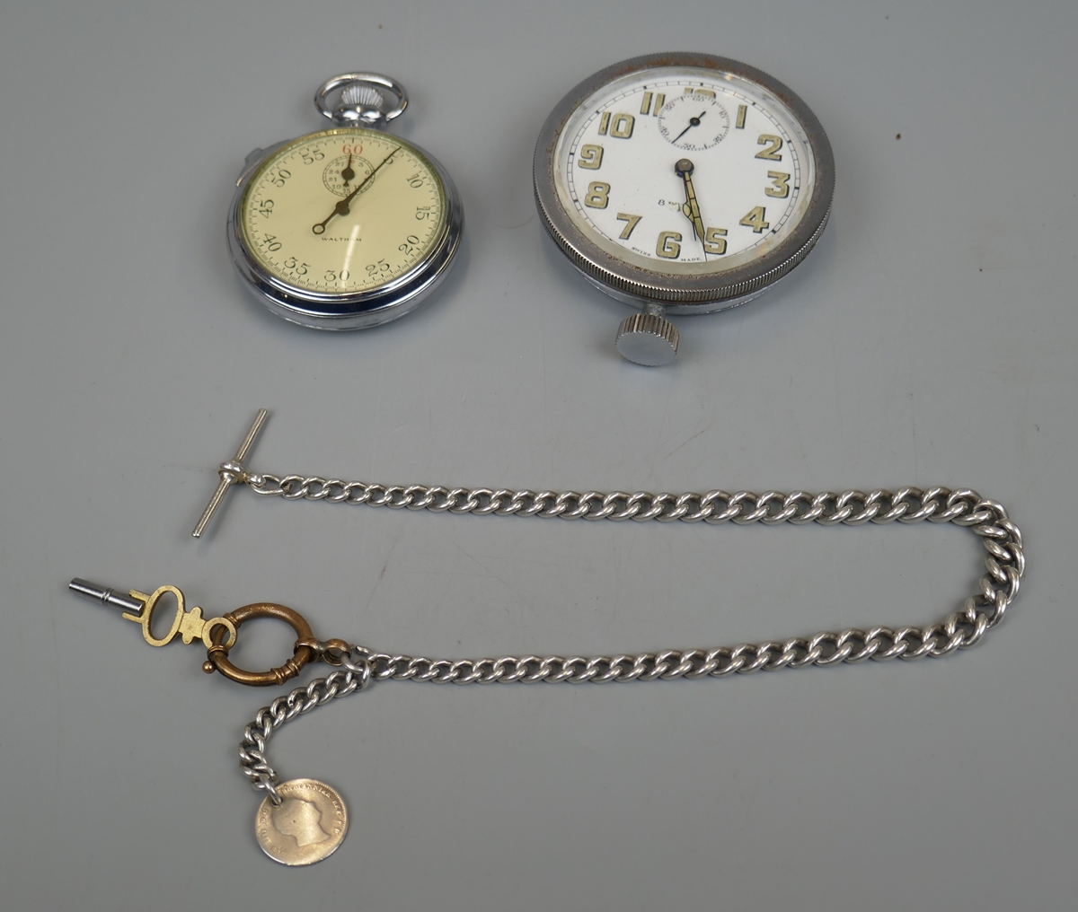 Pocket watch and stop watch together with silver Albert chain