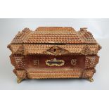 19th century carved tramp art casket box, velvet lined hinged lid and body, applied gilt