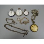 4 pocket watches 2 being silver accompanied by gold watch and 2 silver Albert chains
