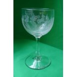 19th century clear crystal wine glass, etched with ferns in the Stourbridge style, with a plain stem