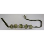 Victorian green agate hardstone panel choker necklace, flower head design with stylised shamrocks,