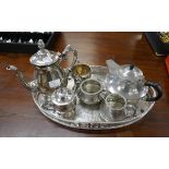 Silver plate tea set together with a collection of pewter