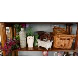 Collection of wicker baskets and artificial plants etc