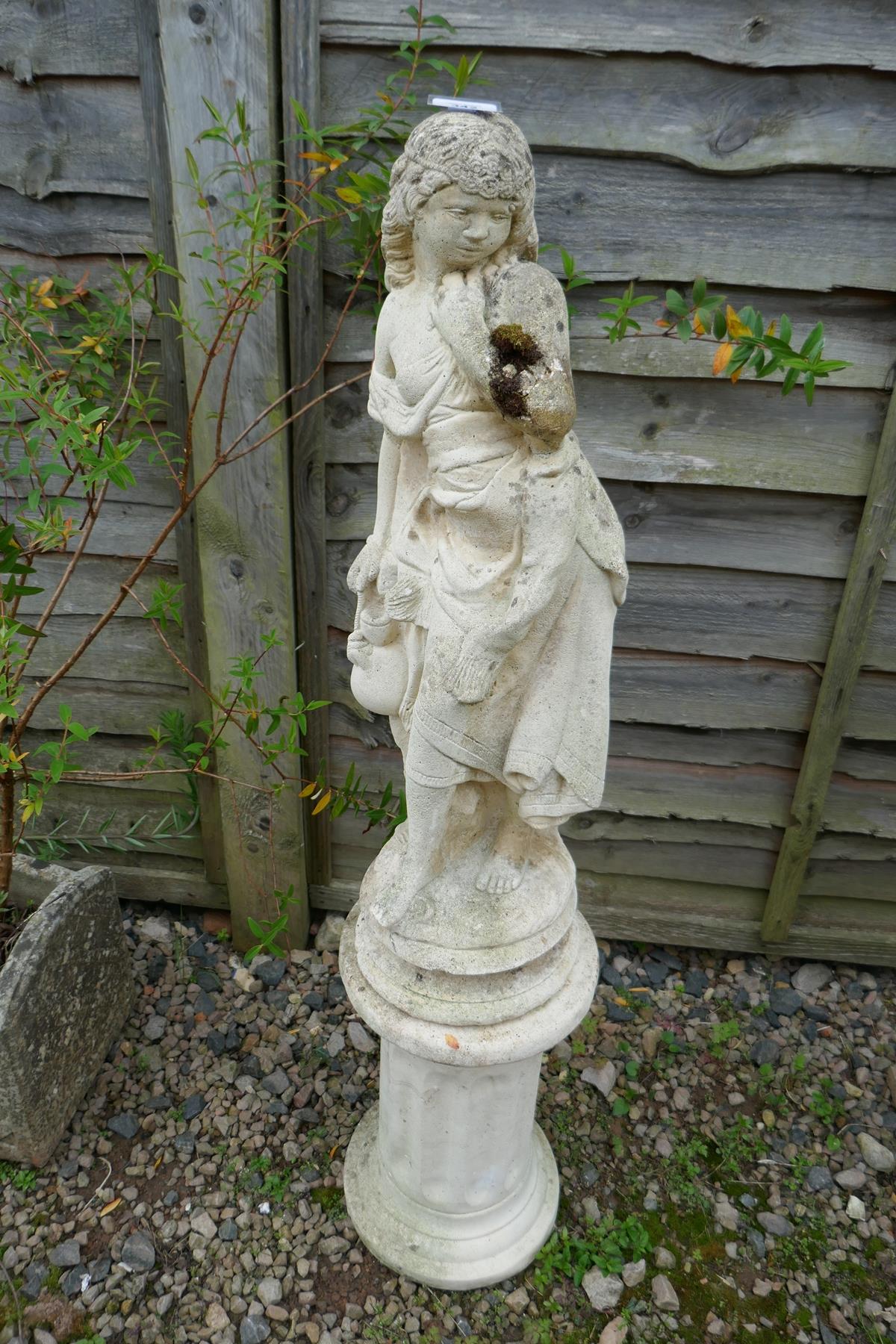 Stone statue of girl on plinth - Approx H: 103cm