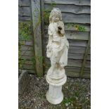 Stone statue of girl on plinth - Approx H: 103cm