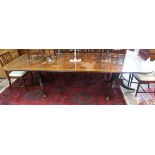 Large 2 pillar mahogany dining table with 2 leaves - Approx L: 302cm W: 117cm H: 77cm