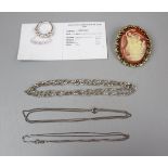 Collection of 3 silver chains a silver pearl set ring and a cameo brooch