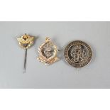 Gold Royal army medical corps brooch approx W: 1.9g together with a stick pin and and a white