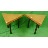 Pair of triangular occasional tables made from Victorian sash window weights with oak top and