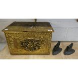 Antique chased brass coal box and 2 flat irons