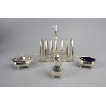 Hallmarked silver cruet set by Mappin & Webb together with a silver plated toast rack by Mappin &