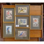 Set of 6 silk embroideries ornithological themes