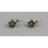 Pair of gold diamond & emerald set earrings marked 10ct Mexico