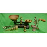 Vintage Boots scales with 2 sets of weights and a mincer