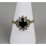 Gold diamond and black stone set cluster ring - Approx size P½