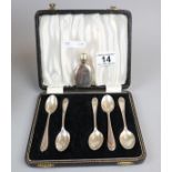 Cased set of 5 hallmarked silver spoons together with a silver perfume bottle marked 925 - Approx