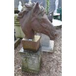 Cast iron horses head on stone plinth - Height 102cm