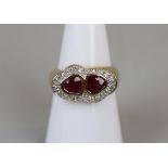 Gold ruby and diamond double heart ring - Size N½