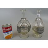 2 hand blown bottles and decanter labels to include silver example