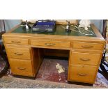 Oak leather top pedestal desk - W: 129cm D: 68cm H: 79cm