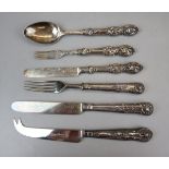 Collection of silver handled flatware to include a desert set of knife fork & spoon Birmingham