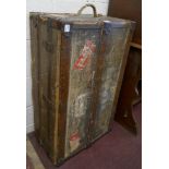 Antique wooden and iron bound trunk with original stickers