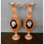 Pair of painted milk glass vases - Height 39cm