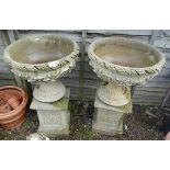 Pair of stone pedestal planters on plinths - Height 86cm