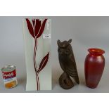 2 studio glass pieces, 1 Royal Brierley & a carving of an owl