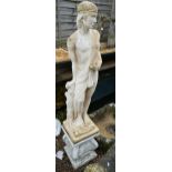 Stone statue of man on plinth - Approx height: 144cm