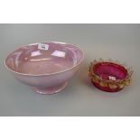 Ruskin lustre ware bowl A/F together with Cranberry glass bon bon dish