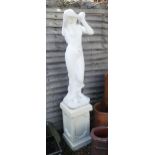 Painted stone statue of maiden on plinth - Approx height: 178cm
