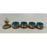 4 Champleve enamel napkin rings together with a brass hand