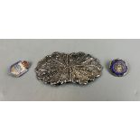 Old silver nurses belt buckle together with silver nurse badges