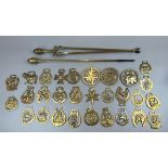 Collection of horse brasses and fire irons