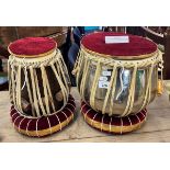 Set of Indian Table drums to include bass Baya drum, treble Dayan drum, ring bases and covers