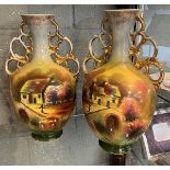 Pair of large hand painted 2 handled vases 1 signed N Leah - Approx. height: 41cm