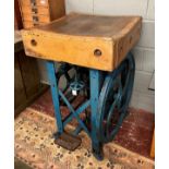 Victorian butchers block on early to mid 20th century industrial stand - Approx: W: 62cm D: 62cm