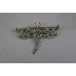 Silver and enamel dragonfly brooch