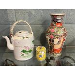 Chinese vase, teapot and tea caddy