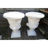 Pair of large stone pedestal planters in white